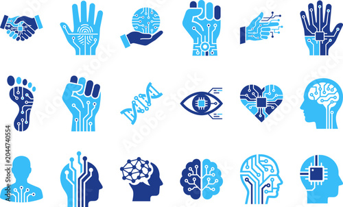 Digital hand icons and human profiles integrated with circuits symbolizing technology and consciousness.