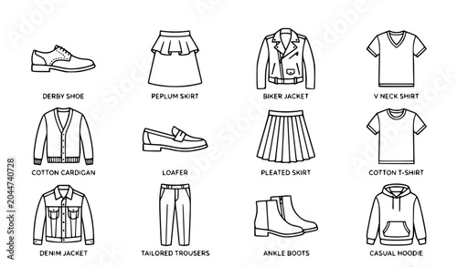 Obraz na plátně Fashion Clothes and Outfit Thin Line Icon Set with Shoes Jackets Shirts Skirts a