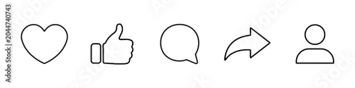 Social media icons on white background: like, comment, share, follow
