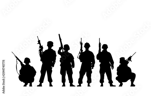 Soldier silhouettes with rifles on white background, united
