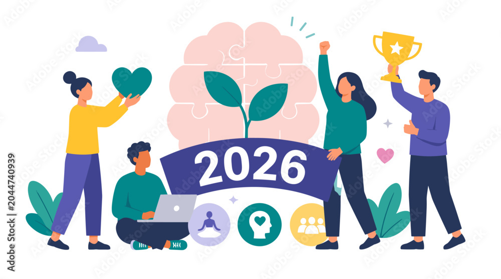 Obraz premium Group of people celebrating 2026 with trophy banner.