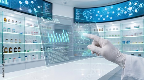 Futuristic pharmacy concept with professional interacting with virtual healthcare systems and digital records, Gen by AI
