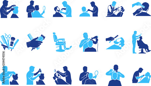 Cuadro en lienzo Barber shop icons displaying haircuts styling shaving and grooming services with tools and chairs