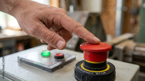 Industrial emergency stop button being pressed by hand, red safety kill switch on factory machinery, manual shut off control in workshop