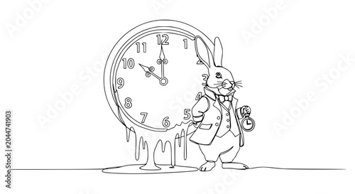 Fotografie Dripping Clock and White Rabbit in Suit, Surreal Fantasy Illustration