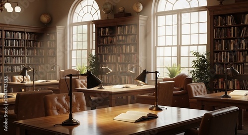 Classic Library Interior with Bookshelves and Study Desks.