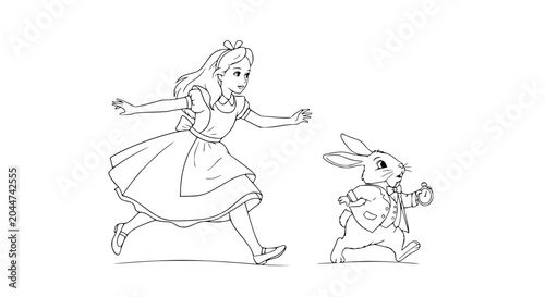 Obraz na płótnie Alice chasing White Rabbit, illustration, fairy tale character, fantasy, adventu