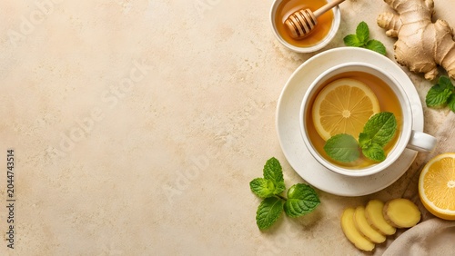 Ginger tea. Cup of ginger tea with lemon, honey and mint on beige background. Concept alternative medicine, natural homemade remedy for cold and flu. Top view. Free space for your text
