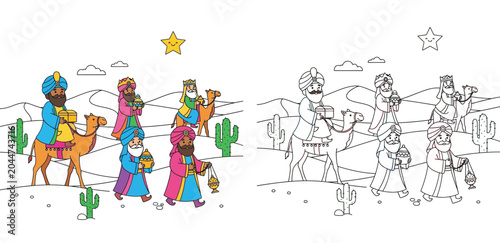 Foto Cute cartoon Three Wise Men Magi on camels in desert with gifts