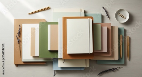 Aesthetic Flat Lay of Various Notebooks and Stationery Items.
