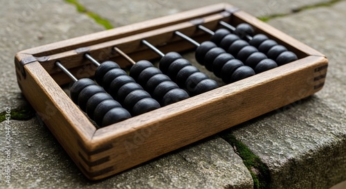 Antique Wooden Abacus with Black Beads on a Stone Surface.