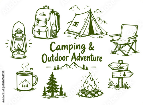 Camping and Outdoor Adventure icons set hand drawn doodle vector illustration