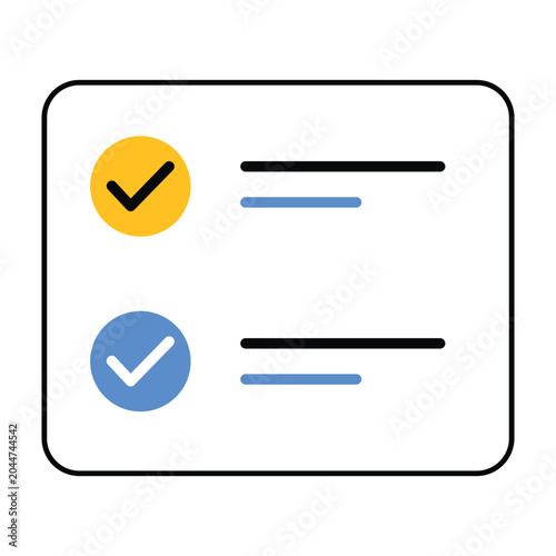 Two Checkmarks on List, Blue Yellow Circles, Digital Graphic Design, Task Management Concept