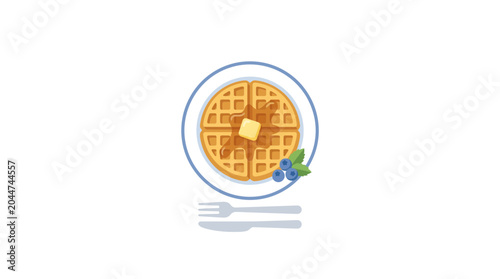 Foto Flat Vector Illustration of Belgian Waffle with Butter and Blueberries