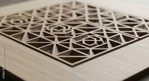 Intricate Geometric Wood Carving with Rose Motifs.