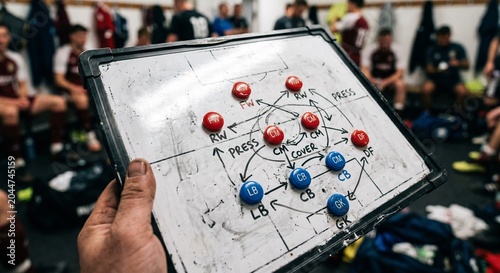 Coach's tactical board with football (soccer) formation and strategy displayed, highlighting player positions and movements for a game plan