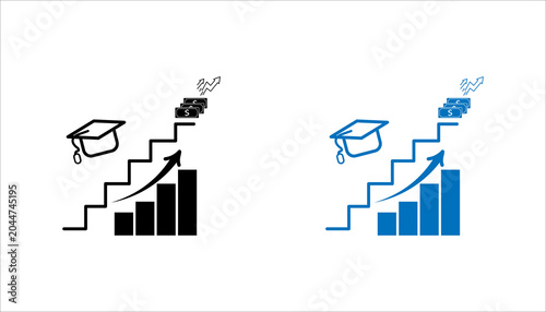 Minimal line icon illustrating education achievement linked to financial growth and career development. Suitable for learning investment, professional advancement, and income improvement concepts.