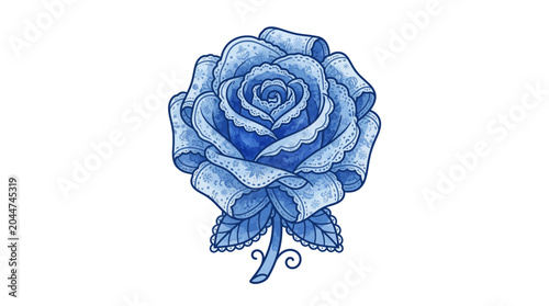 Φωτογραφία Blue Fabric Rose with Leaves, Handcrafted Textile Flower Illustration