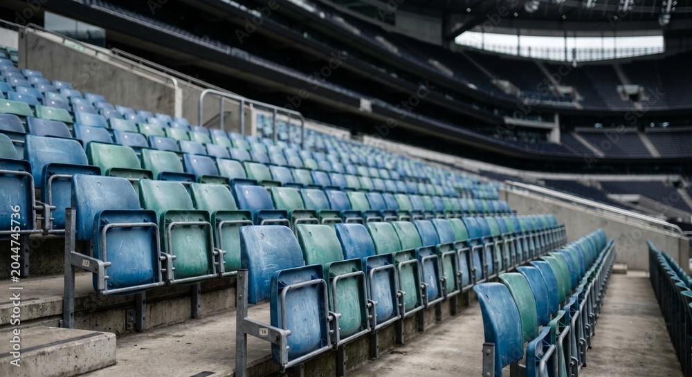Fototapeta premium Rows of vibrant blue and green stadium seats stand empty in a vast, modern arena, awaiting the roar of spectators and the excitement of a grand event or competition