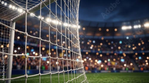 Football stadium at night with illuminated stands and goal net in the foreground, capturing the excitement of a game