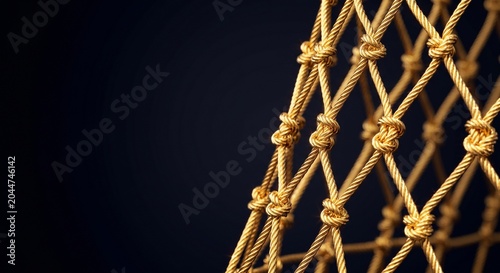 Close-up of a macrame net with intricate knotting against a dark, moody background