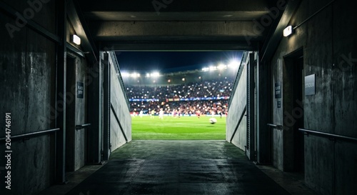 Anticipation builds in the dimly lit concrete tunnel, offering a dramatic glimpse of a vibrant, floodlit sports arena bustling with a cheering crowd under the captivating night sky