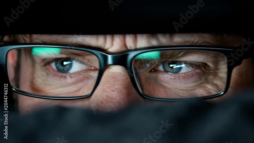 Man with glasses looks intently as he peeks from behind a dark object in a room during the day
