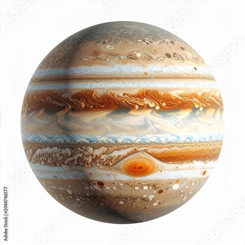 Giant gas planet with swirling brown, white, and orange bands