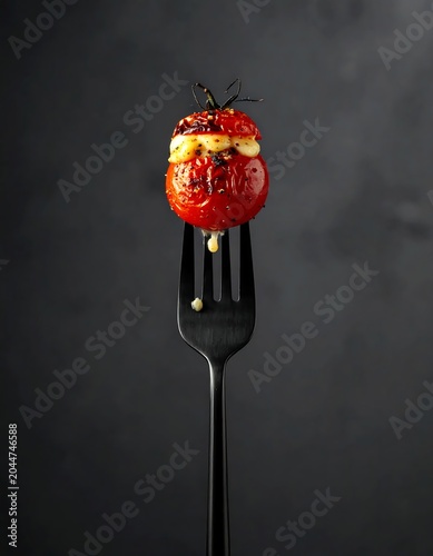 Roasted Cherry Tomato with Melted Cheese on Black Fork Against Dark Background