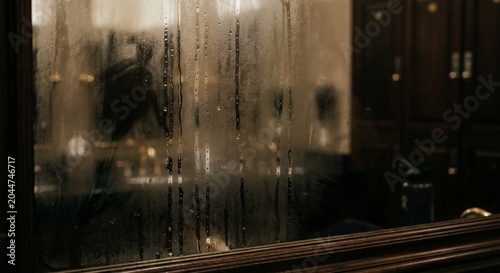 Steamy glass partition in a dimly lit, atmospheric interior, with blurred reflections and water droplets creating a sense of mystery and warmth