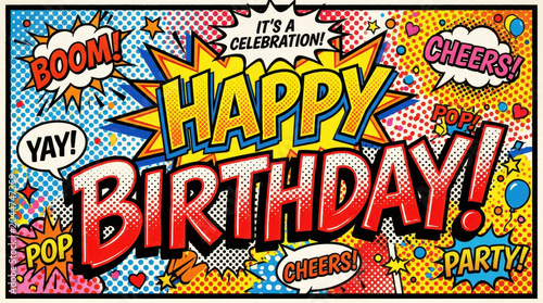 Retro Comic Book Pop Art Style Happy Birthday Vector Banner with Speech Bubbles and Halftone Dots