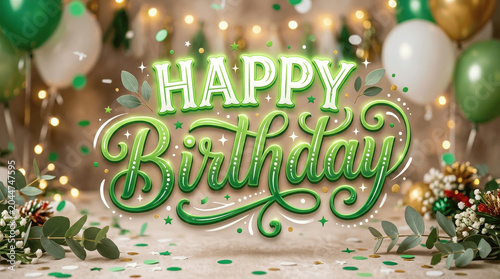 Elegant Green and White Hand-Lettered Happy Birthday Typography on Warm Bokeh Party Light Background