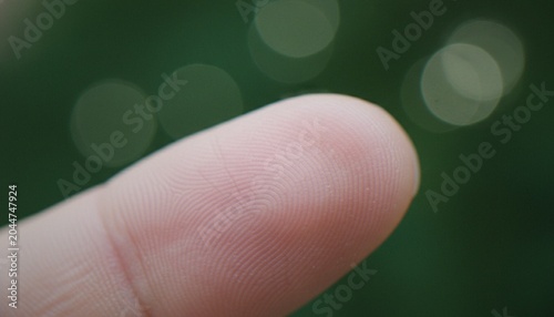 Bild auf Leinwand A detailed close-up shot of a human finger showing the unique fingerprint patterns with a soft-focus bokeh background