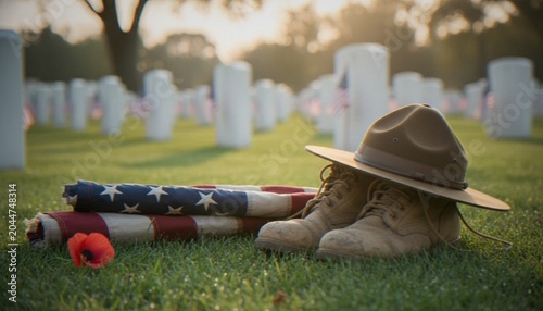 Obraz na płótnie A campaign hat, military boots, and a folded American flag with a poppy rest on the grass at a military cemetery during sunset, honoring fallen soldiers