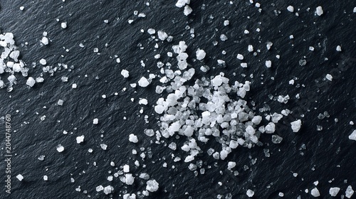 White sea salt crystals scattered on dark slate