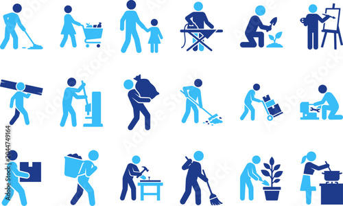 Schilderij op canvas Set of blue and light blue icons depicting people performing various manual labor and household chores