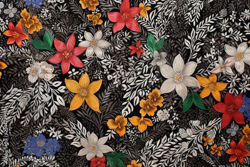 Colorful Floral Overlay on Black Background – Vibrant Botanical Art