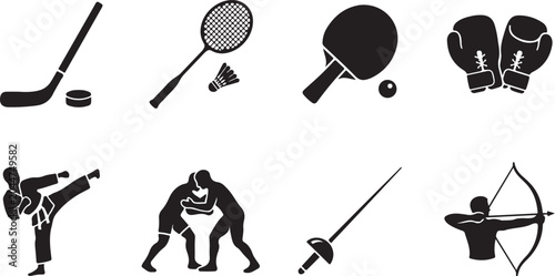 Valokuva Sports icons, athletic symbols, fitness signs, martial arts, racket and ball gam