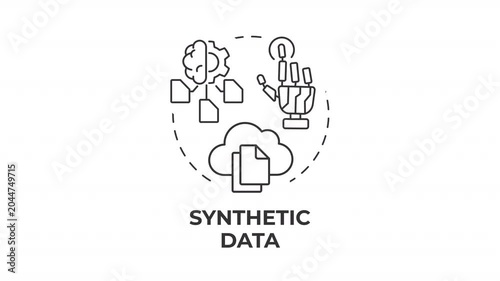 Synthetic data line concept icon animation. AI generated information. Algorithmic model training. Artificial intelligence. Animated outline round motion graphic. Minimal HD video with alpha channel