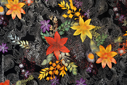 Colorful Floral Overlay on Black Background – Vibrant Botanical Art