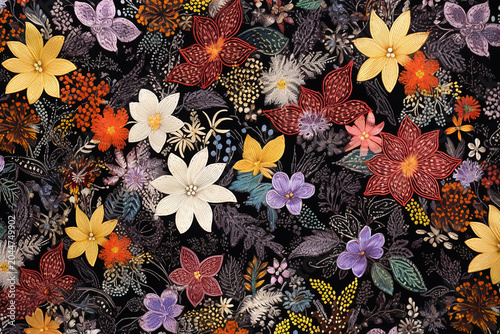 Colorful Floral Overlay on Black Background – Vibrant Botanical Art