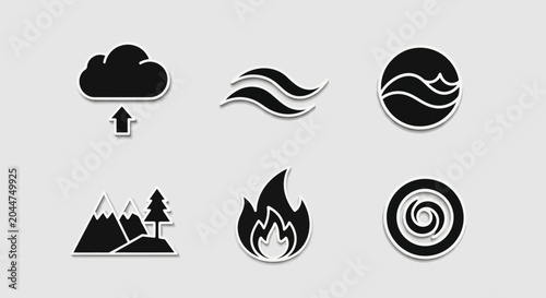 Canvas-taulu Weather icons depict cloud with arrow, wave, sea, mountain, flame, and swirl symbols