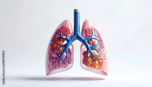 Detailed 3D render of healthy human lungs with branching airways