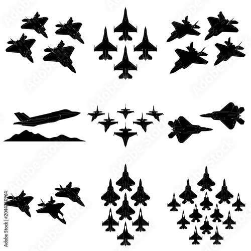 Fighter Jet Tactical Formations F-16 F-22 F-35 Silhouette Set