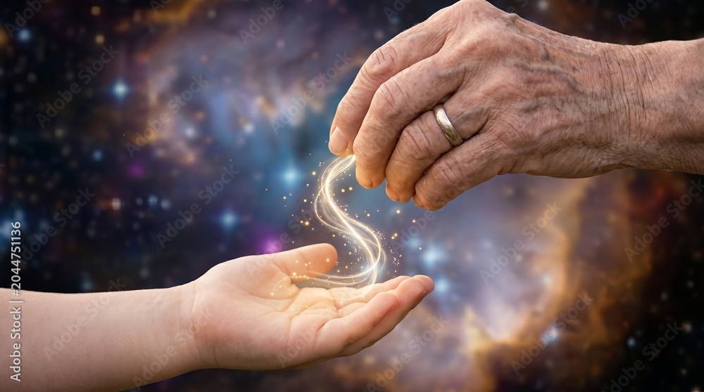 Fototapeta premium elderly hand young hand passing wisdom generations glowing connection string wide emotional perspective quiet family legacy thread of light between hands symbolizes family bonds continuity memory and