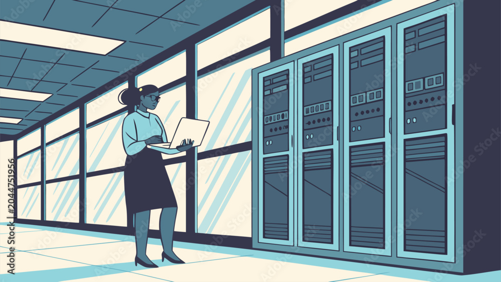Fototapeta premium Female technology manager monitoring system performance, ensuring efficient operations within modern data center environment.