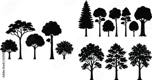 Cuadro en lienzo Collection of diverse tree silhouettes including broadleaf coniferous and bush s