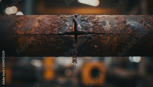 Fotografi A close-up of a severely rusted metal pipe with a prominent crack leaking a single drop of water in an industrial setting