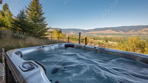 Relaxing in a hot tub with mountain views in a sunny location during the day in a natural setting surrounded by trees
