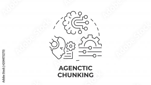 Agenctic chunking line concept icon animation. AI data optimization. Llm knowledge structuring. Artificial intelligence. Animated outline round motion graphic. Minimal HD video with alpha channel